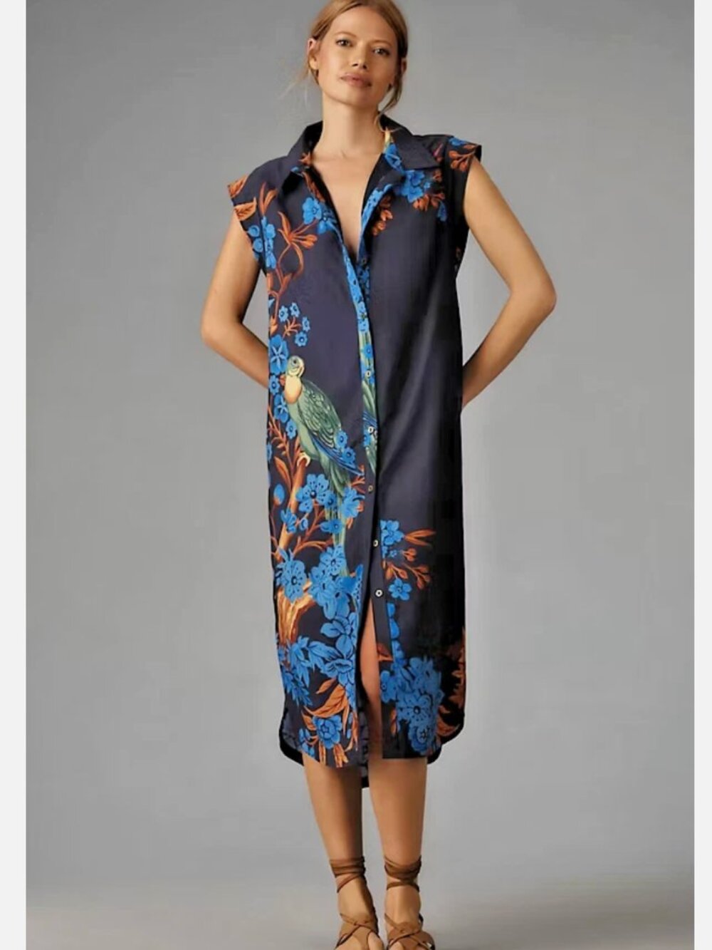 NWOT - Anthropologie /Maeve - The Lillian Cap Slv Bttn Front Dress - Blue XL